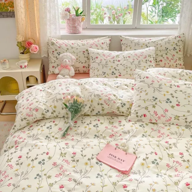 Unyqoos Romantische katoenen beddengoedset met bloemenpatroon voor meisjeskamer Roze Bloemetjes