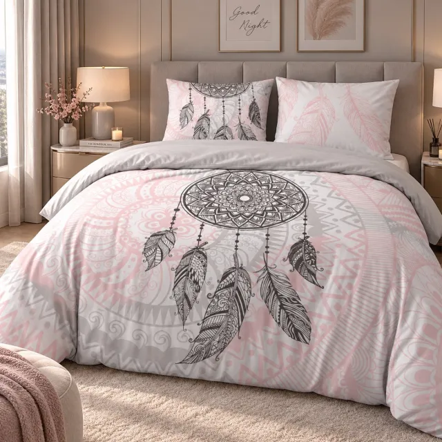 FERBELLA Dekbedovertrek Mandale - 240 x 220 - 100% Katoen – Mandala Dreamcatcher – Roze/Grijs – Dubbelzijdig - Incl. 2 Slopen