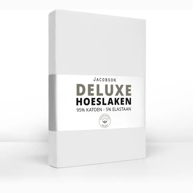 JACOBSON Deluxe Hoeslaken – 95% Jersey Katoen / 5% Lycra – 180x200 cm – tot 25cm matrasdikte – 250 g/m² – Wit