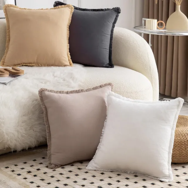 Ibenzoa Set van 4 decoratieve katoenen kussenhoezen met boho-franjes voor bank en slaapkamer, 40 x 40 cm neutraal