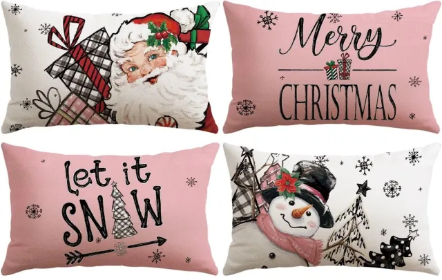 Unyqoos Set van 4 decoratieve kerstkussenhoezen met sneeuwpop en kerstman motief Kerstman Sneeuwpop Roze