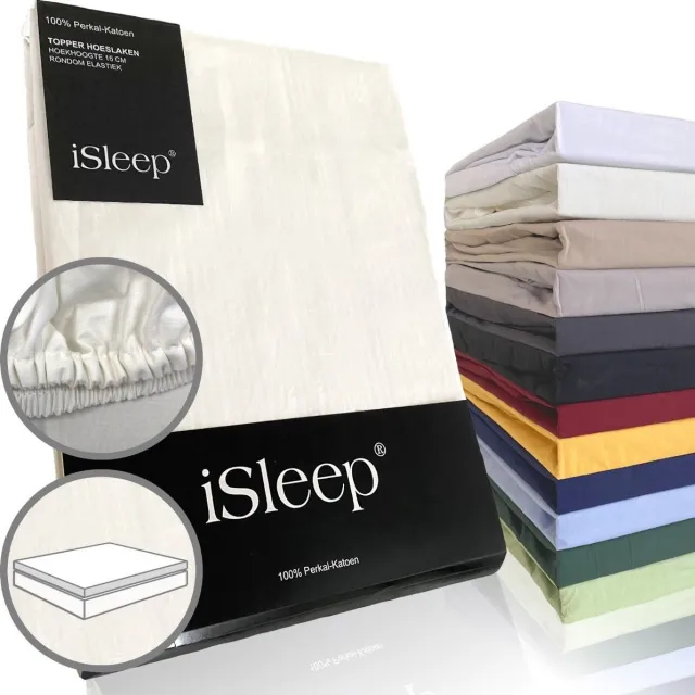 iSleep Perkal Topper Hoeslaken - 100% Perkal Katoen - Rondom Elastiek - Tweepersoons - 160x220 cm - Licht Beige