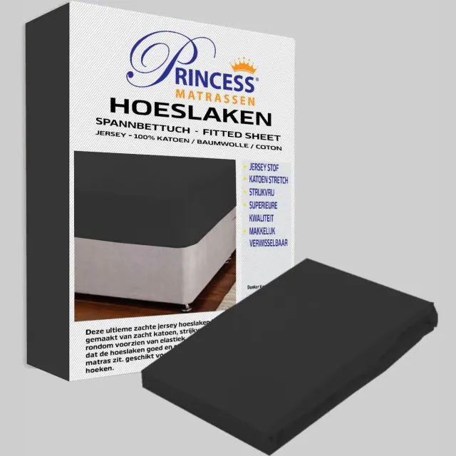 Princessmatrassen Het Ultieme Zachte Hoeslaken- Jersey -Stretch -100% Katoen-Lits-Jumeaux- 200x200+40cm- Antraciet - Voor Boxspring-Waterbed