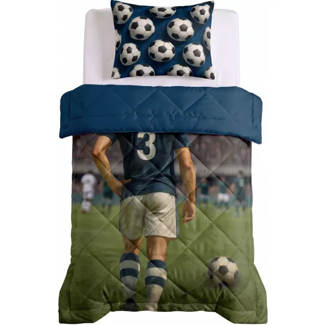 Sleeptime Kids Voetbal Ster 2 in 1 Wasbaar Dekbed zonder Overtrek - Eenpersoons 140x200 cm - Inclusief 1 Kussensloop 60x70 cm - Microvezel - Blauw Voetbal Blauw