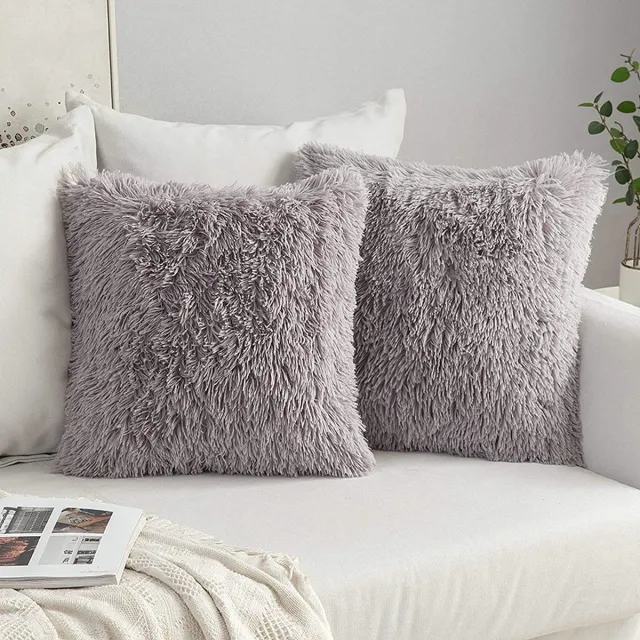 Elkuaie 2 Stuks Pluche Vacht Kussenslopen - Zachte Kunstbont Kussens 43x43 Cm - Decoratief Voor Bank En Bed - 2 Stuks - Woonkamer En Slaapkamer - Zilvergrijs