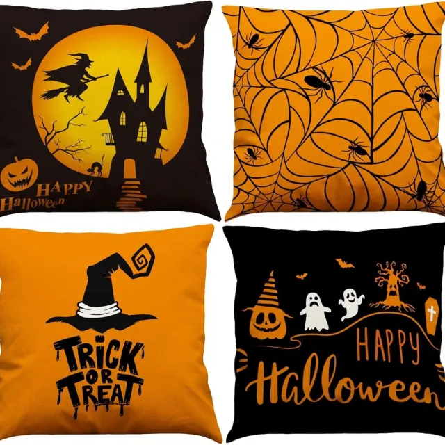 Ibenzoa Halloween Sierkussenhoes Set - 4 Stuks Oranje & Zwart - Festive Decor