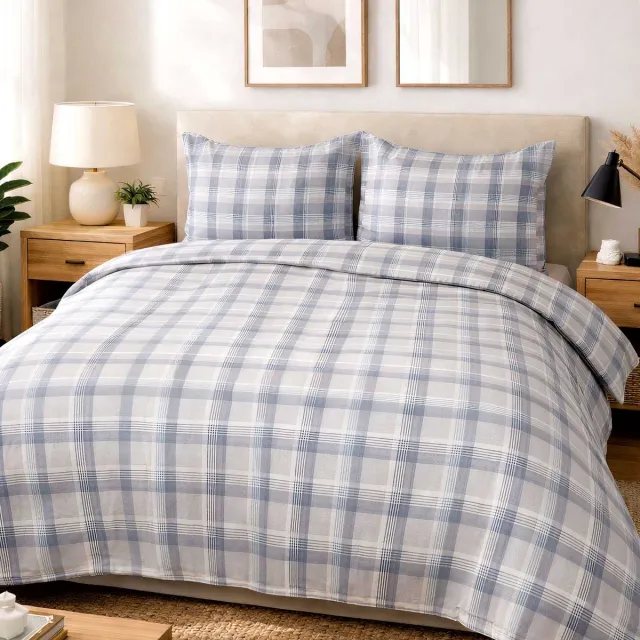 Darymex Luxe Katoenen Dekbedovertrekset Cottonlove – 160x200 cm – Blauwgrijze Ruit – 100% Katoen – Darymex Blauwgrijs
