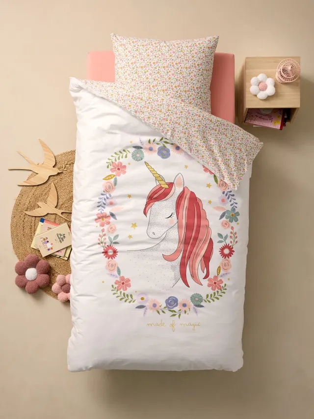vertbaudet Dekbedovertrekset + kussensloop kind PETITE LICORNE, met gerecycled katoen Wit Bedrukt