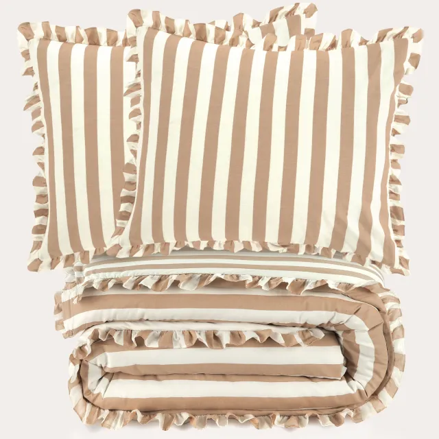 NOUS Living katoenen gestreepte ruffle 2-persoons dekbedovertrek 200x220 cm - beige