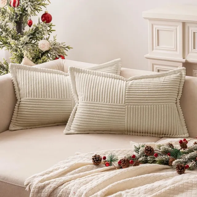 Famanu Set van 2 corduroy kussenslopen, fluweel, zacht sierkussen, decoratieve kussensloop, moderne kussenslopen, bankkussens, bankkussens voor woonkamer, slaapkamer, crème, 30 x 50 cm