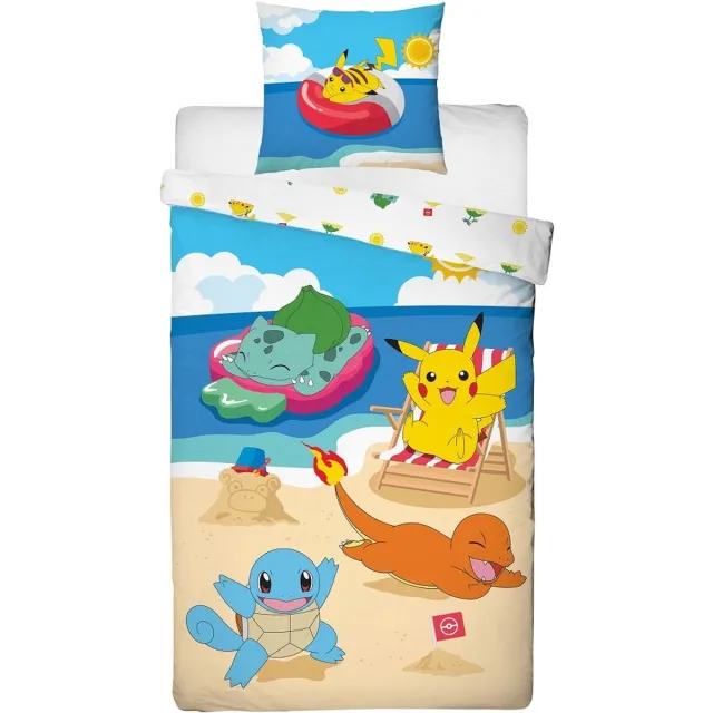 Pokémon Dekbedovertrek 140x200 cm - Pikachu en Vrienden op het Strand - Microvezel Beddengoed + Kussensloop 63x63cm Veelkleurig