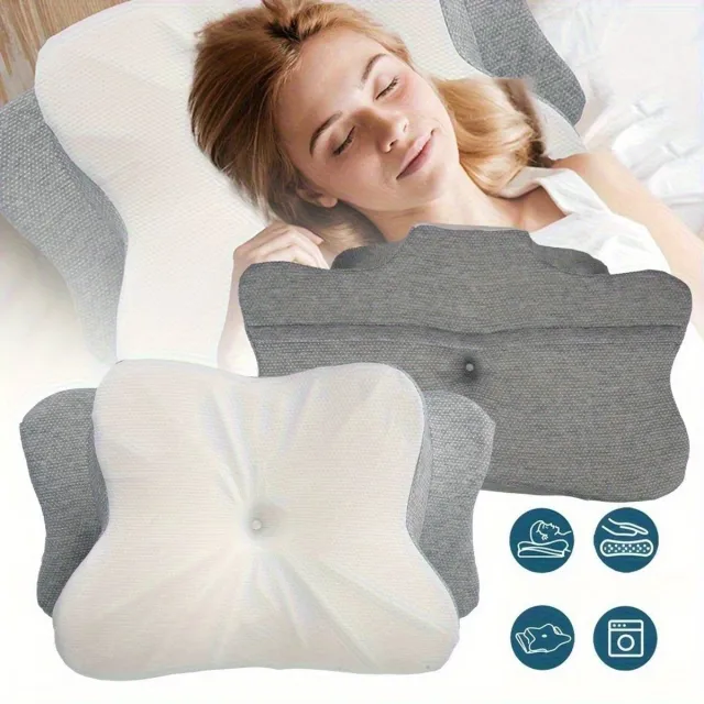 CHOOLY Vlinderkussen Van Traagschuim Met 2 Hoogtes - 15° Ergonomische Contour - Gecertificeerd Hoogwaardig Veerkrachtig Schuim Wasbare Hoes - Ontspanning Voor Nek Hoofd En Schouders Grijs + Wit