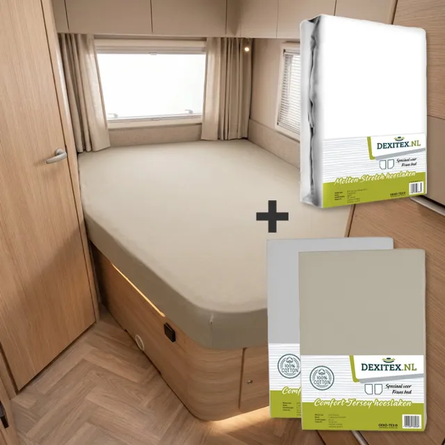 dexitex Textielpakket Frans bed - 1 molton met 2 hoeslakens - links- 1 x Licht grijs + 1 x Zandkleur 1 x molton/ 1 x lichtgrijs + 1 x zandkleur hoeslaken