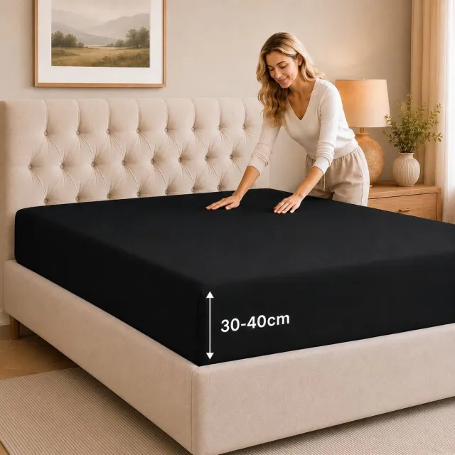 Tbeloo Hoeslaken 90x200 cm – 40 cm diepe hoek – Geborstelde polyester microvezel – Geschikt voor boxspringbedden – Past op matrassen tot 40 cm – OEKO-TEX gecertificeerd – Krimp- en kleurvast – Zwart