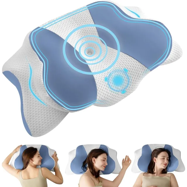 CHOOLY In Hoogte Verstelbaar Traagschuimkussen - 5s Langzame Terugvering Ergonomische Vorm - Wasbare Hoes Van Ijzijdemix Temperatuurregulerend - Ideaal Voor Alle Slaapposities Wit&Blauw