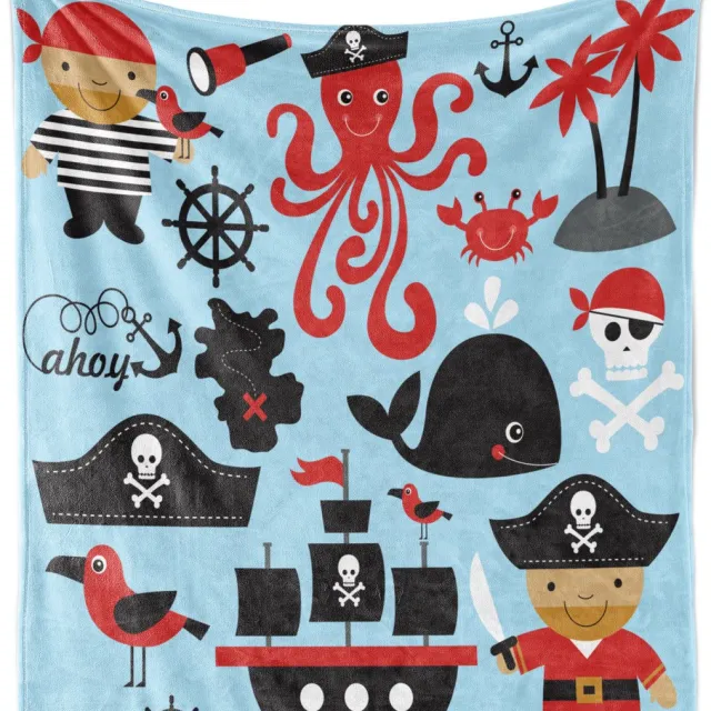 New Bed Piraten Cartoon zeeavontuur Zachte Flanellen Fleece Deken, 200 cm x 153 cm Blauw Donkerroze
