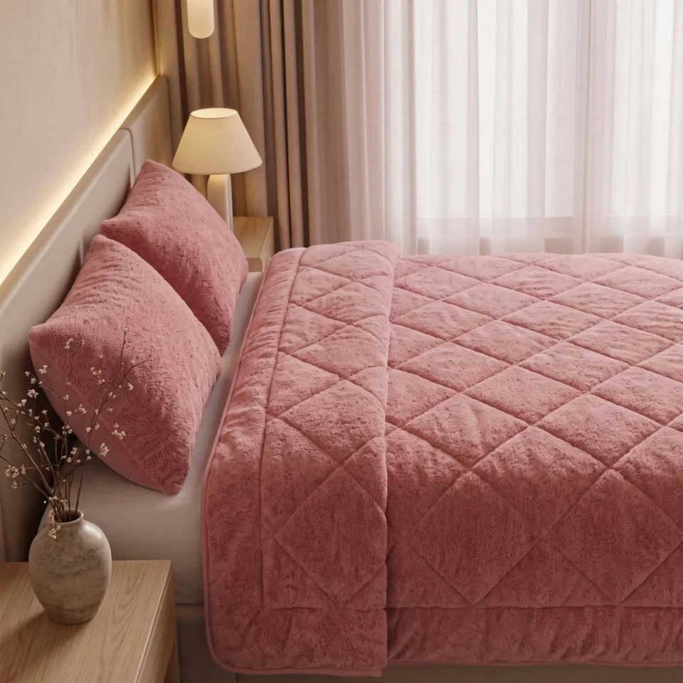 NOUS Living wasbaar dekbed velvet en teddy- Donkerroze roze, foto 4