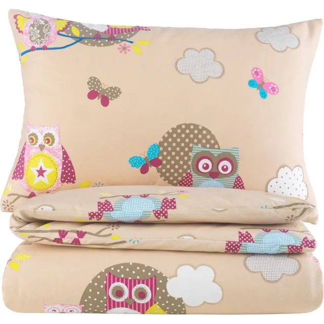 Riokem ® Babybeddengoedset voor meisjes en jongens + 100% Renforcé katoen Ritssluiting Uil Crème Beige