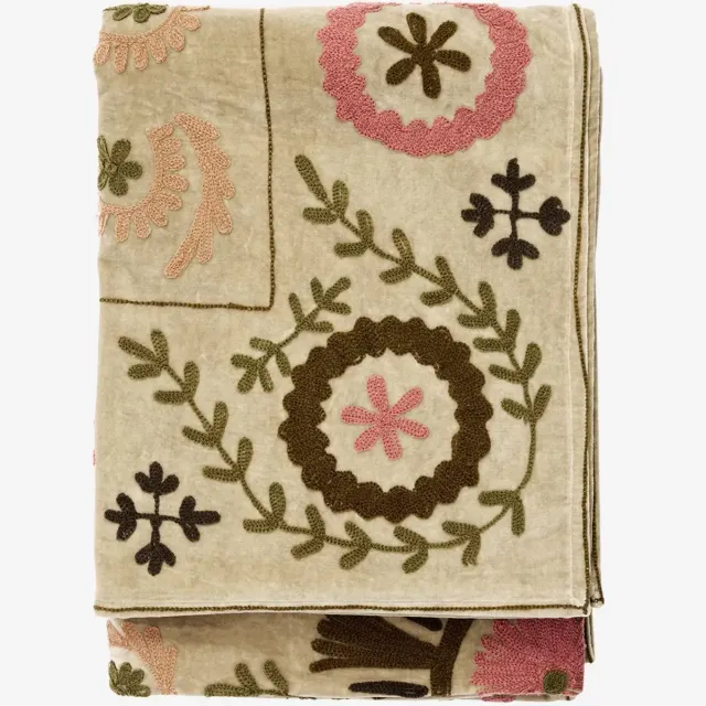 Madam Stoltz Suzani Geborduurde Fluwelen Plaid – 125 x 175 cm – Beige