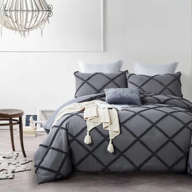 LUCKICE 200x200cm Beddengoed getuft borduurwerk shabby chic dekbedovertrek boho-borduursel beddengoedset met rits, kussensloop 80x80 cm Grijs