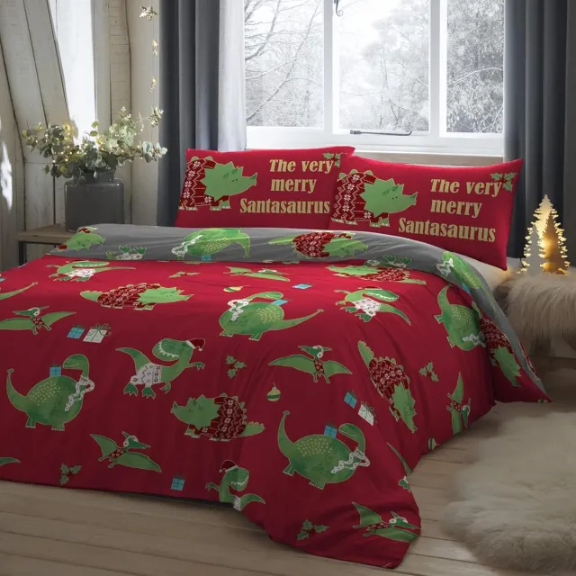 Famanu Kerstdinosaurus dekbedovertrek, eenpersoons beddengoed (140 x 200 cm), omkeerbaar, met 1 kussensloop Neutraal