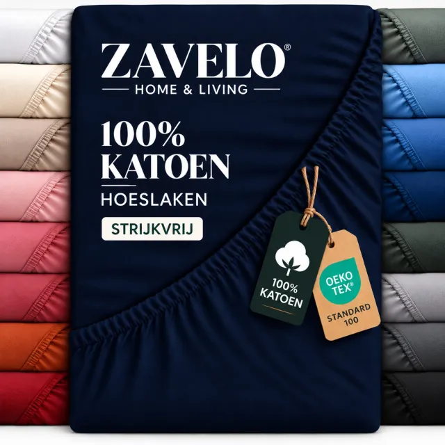 Zavelo Hoeslaken Katoen Strijkvrij Navy-Lits-jumeaux (180x200 cm) Navy Blue