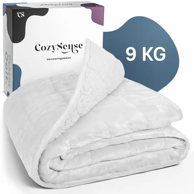 CozySense Verzwaringsdeken 9kg - 135x200cm - Dubbelzijdig Zwaartedeken met Flanel & Sherpa Kant - Weighted Blanket met GLASS-Flow® Drukverdeling - Verzwaarde Deken - Wit