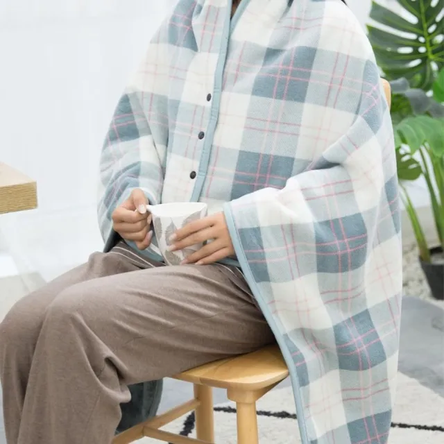 SNQ Grote Fleece Draagbare Plaid met Knopen – 100x140 cm – Warme Omslagdoek voor Bank, Bed, Kantoor en Reizen - Roze-blauw ruitpatroon