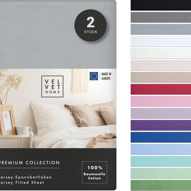 velvet home Dubbelpak hoeslakens , 100% gekamd katoen, 165 gsm, set van 2 lakens voor matrashoogte tot 25 cm, Jersey, Premium, lichtgrijs , 30