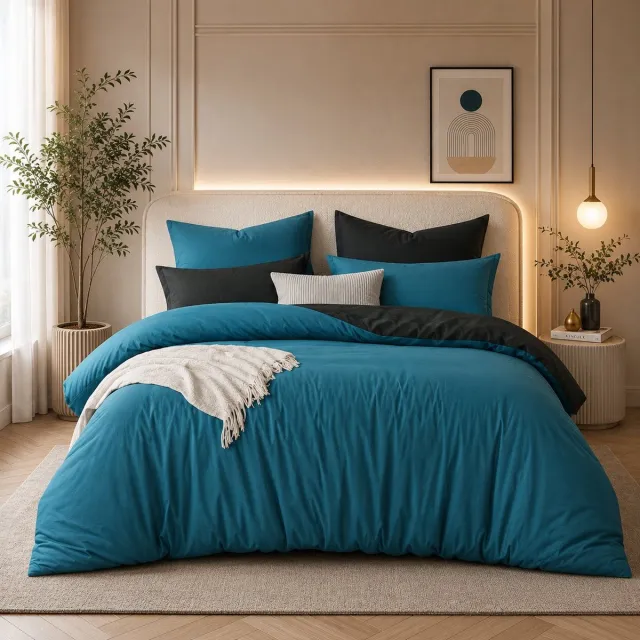 Nazik Living Dekbedovertrek 200x220 cm - 3-delig - Dubbelzijdig - Microvezel - Turquoise/Antraciet - Strijkvrij Turkoois