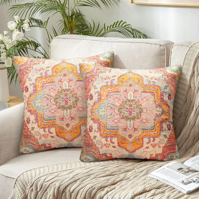 Unyqoos Chique Boho Kussenhoezen Set van 2 met Geometrisch Tapijtpatroon en Mandala Bloem Design roze