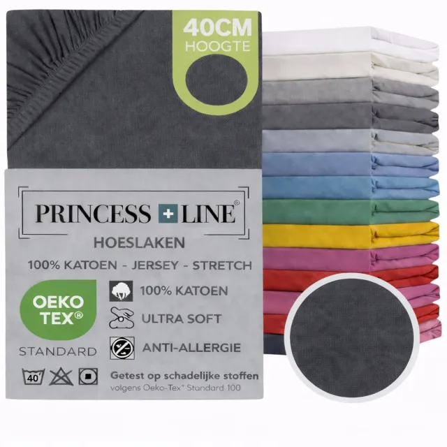 Princess Line Comfortabel Ultra-Soft-Hoeslaken -100% katoen-Jersey -Stretch -Strijkvrij- Rondom elastiek-Hoekhoogte tot 40cm-Voor Boxspring-Waterbed-2Persoons- Lits-Jumeaux-180x220x40cm-Antraciet