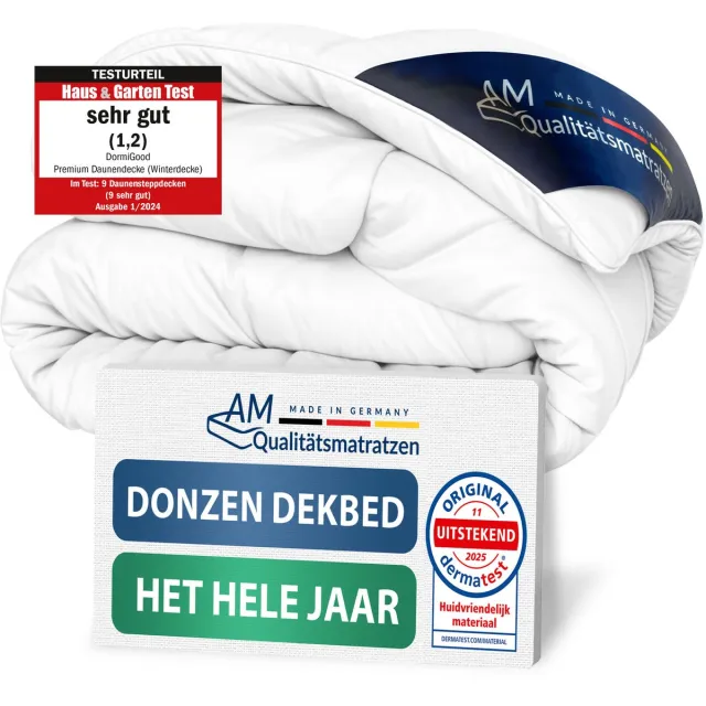 AM Qualitätsmatratzen 100% dons - Hoogwaardig donsdekbed 200x200 cm voor in de lente/herfst - Overgangsdekbed 200 x 200 - Warm donsdekbed voor in de lente en herfst - Inlegwerk van katoen Wit