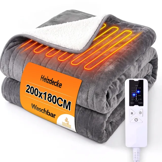 Velmio Luxe Elektrische Deken - Warmtedeken - 200x180 cm - Elektrische Warmte Deken - Voor 1/2 Personen - Met Timer 1-10u - Knuffeldeken met 6 Standen - Wasbare Omslagdeken - Zacht Flanel en Sherpa Wt/Grijs