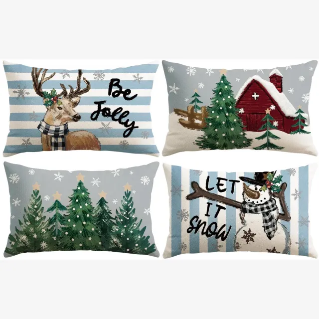 Unyqoos Set van vier kerstkussenslopen met sneeuwpop en eland motief in blauw en grijs Sneeuwpop En Eland - Blauw