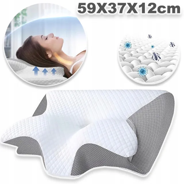 JIMUYU Ergonomisch Vlinderkussen Traagschuim - 59x37cm Memory Foam Nekkussen met Ademende Ventilatiegaten - Voor Zijslapers, Rugslaper & Buikslapers - Afneembare en Wasbare Hoes - Wit Witgrijs