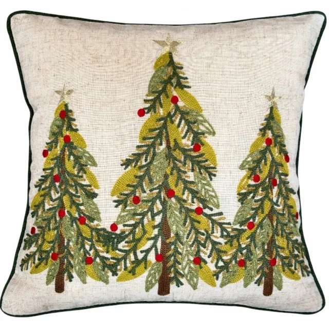 DeHome Kerstkussenhoes 40x40 cm met kerstboom borduurwerk, linnenlook Beige