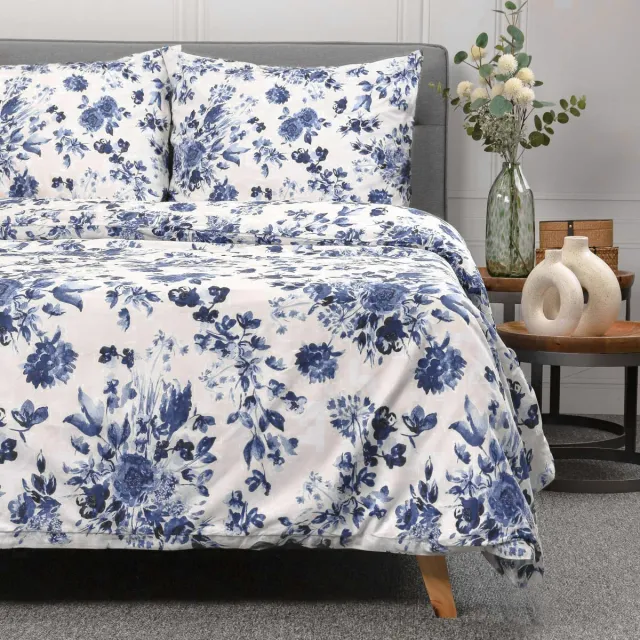 Homla SORLI - BEDDING - Beddengoed - Dekbedovertrek - Bamboe Blauw Bloemig - 160x200 cm
