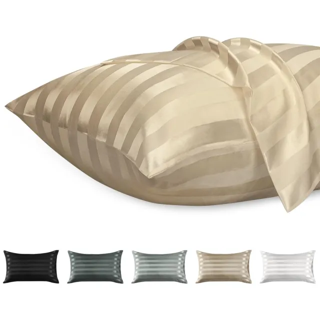 Lirex satijnen kussensloop, 2-pack zachte effen microvezel satijnen kussensloop, envelopsluiting, kreukvrij, kleurvast, ademend (kaki streep, 40 x 60 cm) gestreept