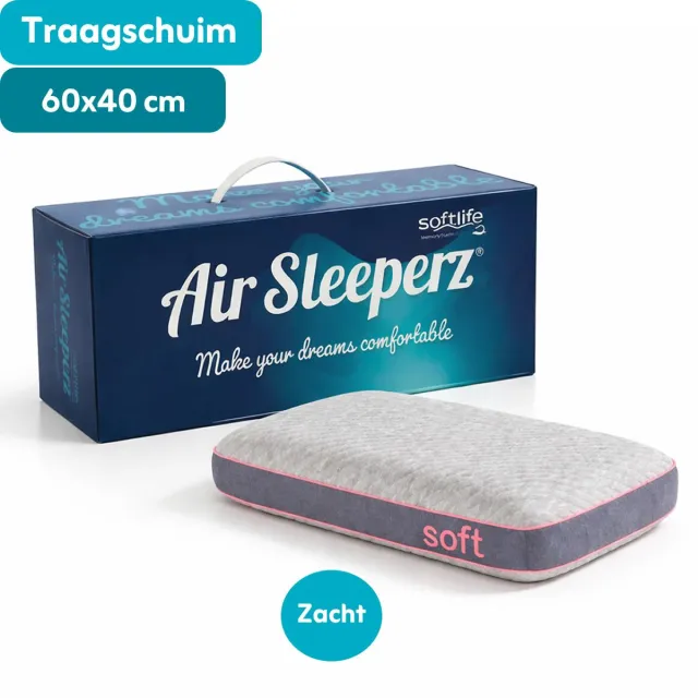 AirSleeperz SoftLife Memory Foam Hoofdkussen 60x40 cm - Ergonomisch Traagschuim Kussen - Zacht & Ondersteunend - Tegen Nekklachten - Ademend & Wasbare Hoes - Voor Zij, Rug- en Buikslapers Grijs/antraciet