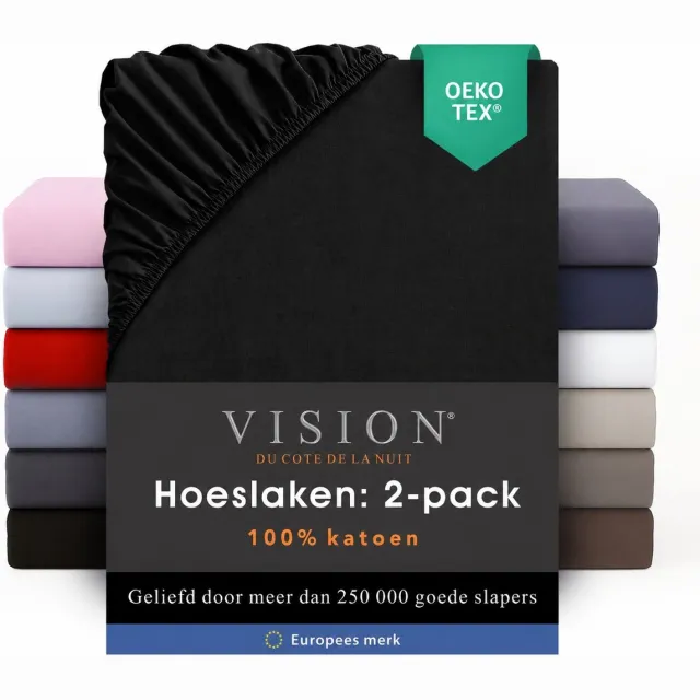 VISION home Vision - Hoeslaken - 100% katoen - 90 x 200cm verpakt per 2 stuks - Geschikt voor boxspring matras: ruime hoek van 30cm - Zwart - Oekotex gecertificeerd