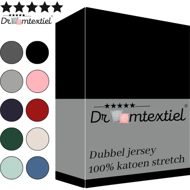 Droomtextiel Dubbel Jersey Hoeslaken Zwart Lits-Jumeaux 180x200 cm - 100% Katoen - Hoge Hoek - Heerlijk Zacht - Strijkvrij - Rondom elastiek - Stretch - Dubbel Dikke Kwaliteit