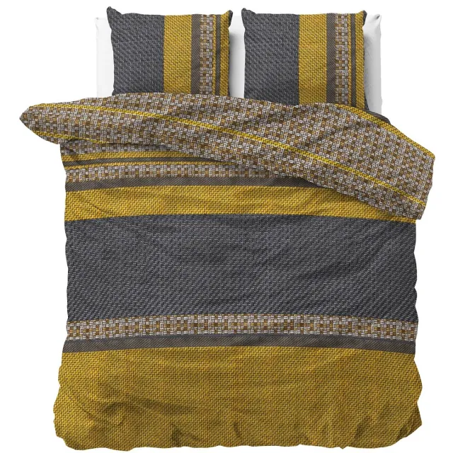 Sleeptime 2-persoons trendy dekbedovertrek okergeel / goud / antraciet / zwart met diverse figuren, strepen en brei patroon tweepersoons 200 x 220 cm (sfeervol en modern beddengoed slaapkamer, Sint & Kerst cadeau!)
