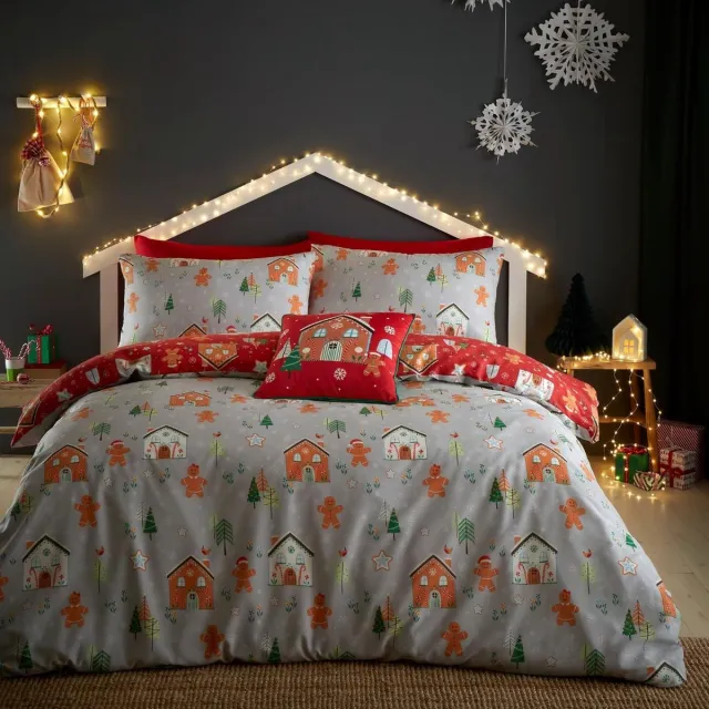 Famanu Kerst Peperkoek Huis Dekbedovertrek, tweepersoons beddengoed (200 x 200 cm), omkeerbaar, met 2 kussenslopen Neutraal