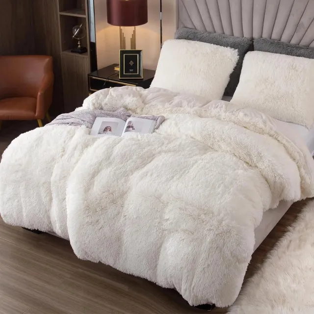 LUCKICE Beddengoedset Pluche Beddengoed Extra Zachte Kunstbont Flanellen Dekbedovertrek met Kussensloop en Ritssluiting beige
