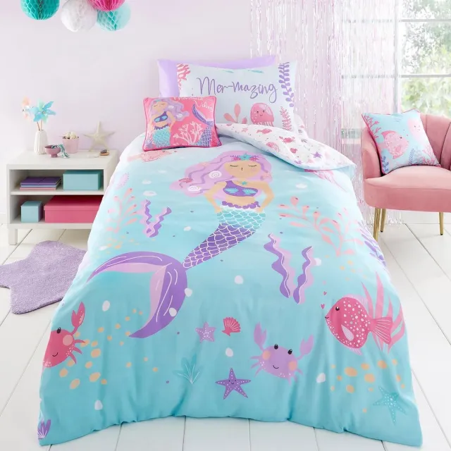 Famanu Roze zeemeermin dekbedovertrekset voor eenpersoonsbed (200 x 140 cm), oceaan/zeedieren thema Neutraal