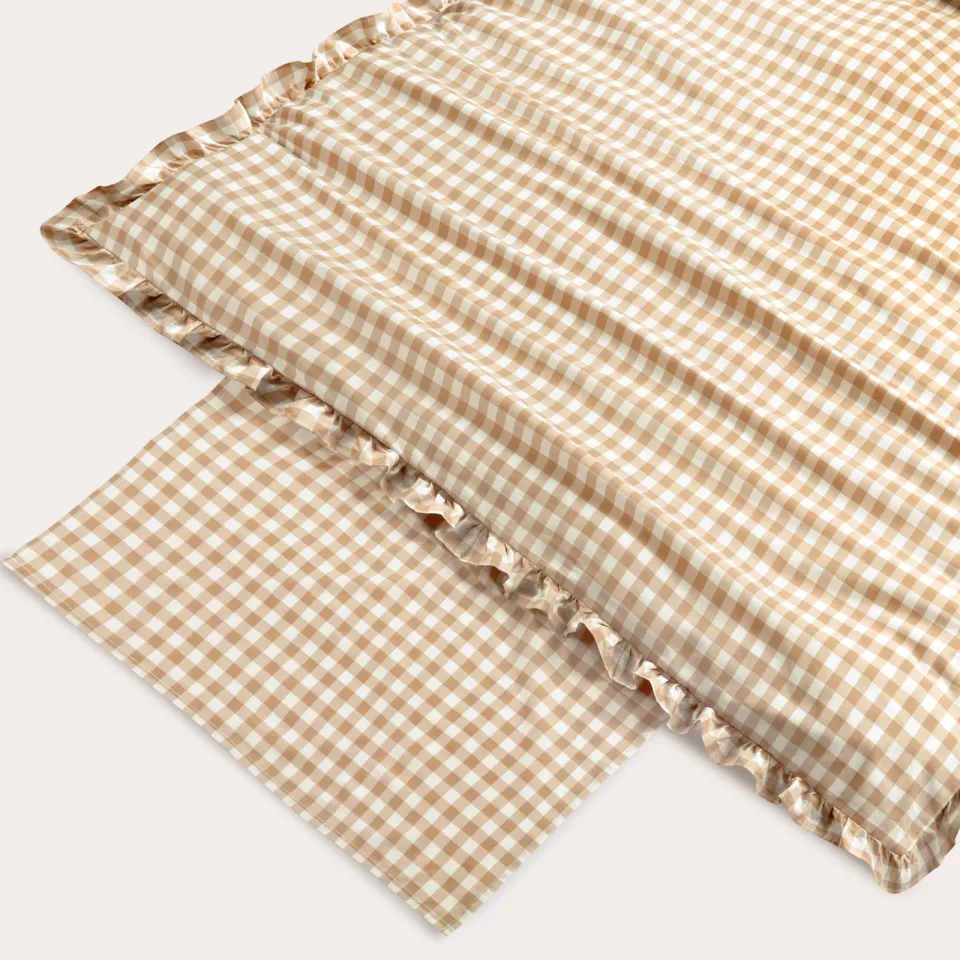 NOUS Kids katoenen geruite ruffle kinderdekbedovertrek 120x150 cm - beige, foto 5