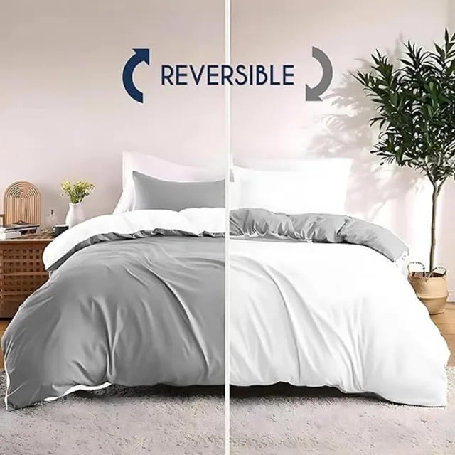 Karma Dekbedovertrek 200x200 cm met 2 kussenslopen 80x80 cm - Lichtgrijs/wit - 200x200 Bedset in 100% microvezel - 3 stuks