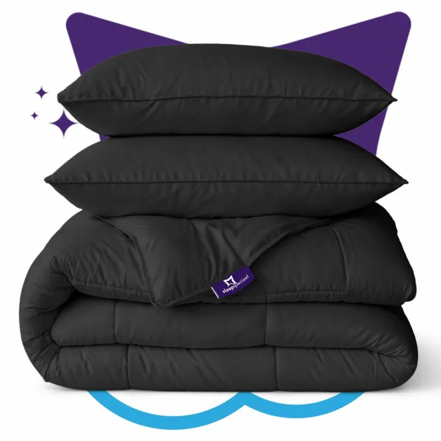 Slaapspeciaal Eazydekbed Hotel Zwart - Dekbed zonder Overtrek - Wasbaar Dekbed - Hoesloos Dekbed - All Year Dekbed - 2 in 1 Dekbed - Dekbed met Vaste Overtrek - Incl. 2 Kussenslopen - 240x220 cm Hotel Zwart + Sloop