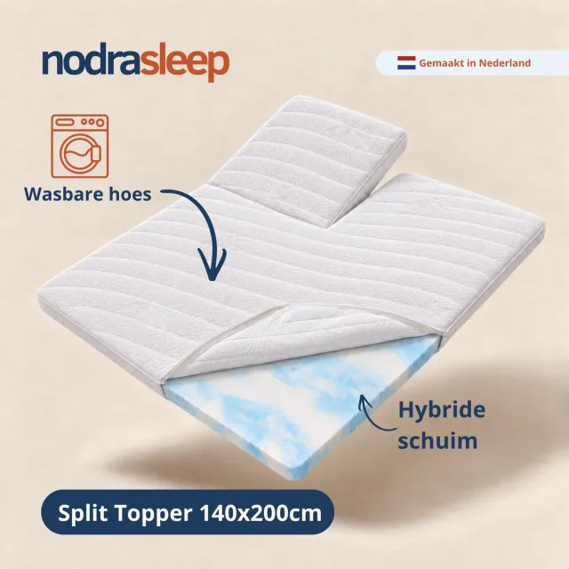 Nodra Sleep Splittopper 140x200 - Topper met split - Topdekmatras - 9cm dik - Hybride schuim - Afritsbaar en wasbaar - Medium hardheid Wit